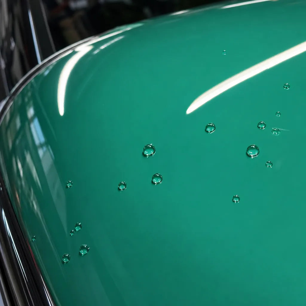 Close-up of Glossy Vintage Green gloss colored PPF surface texture | Veloro