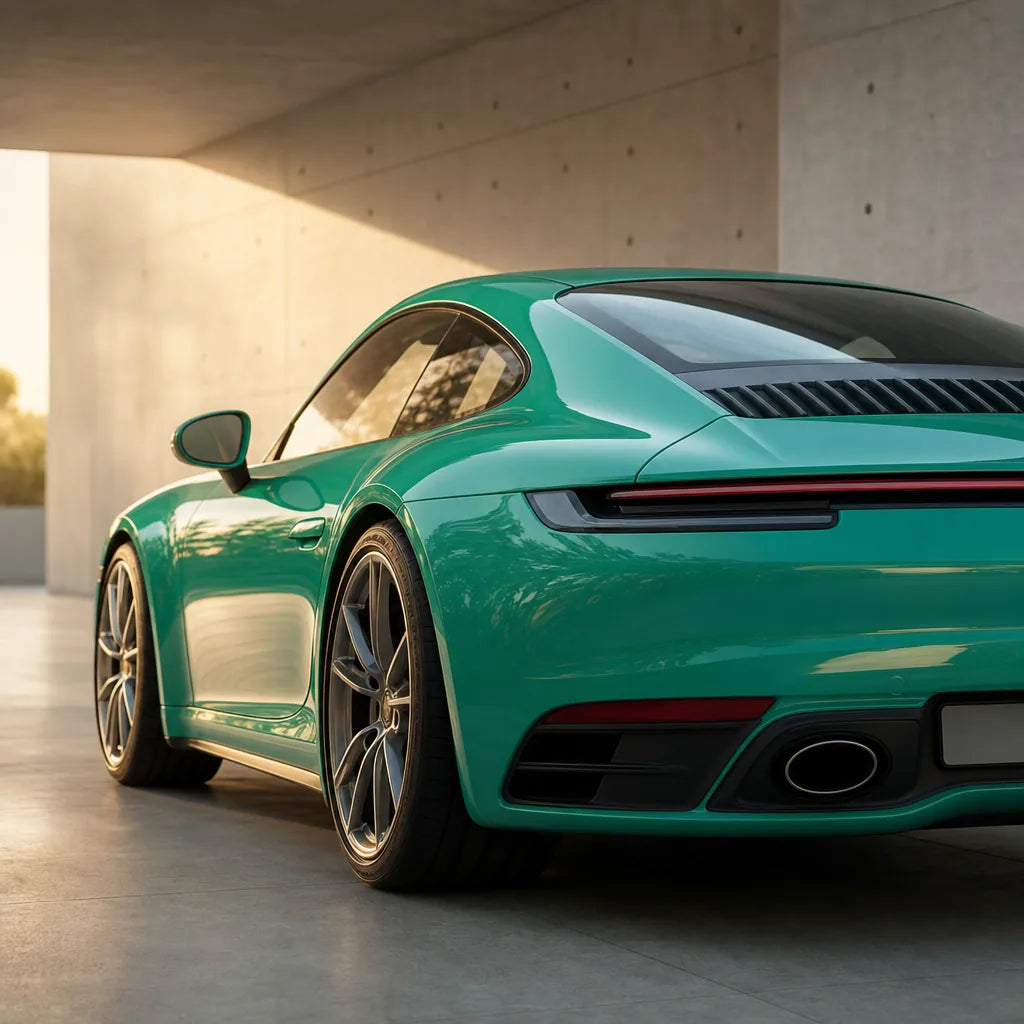 Luxury car wrapped in Glossy Vintage Green gloss colored PPF at golden hour | Veloro