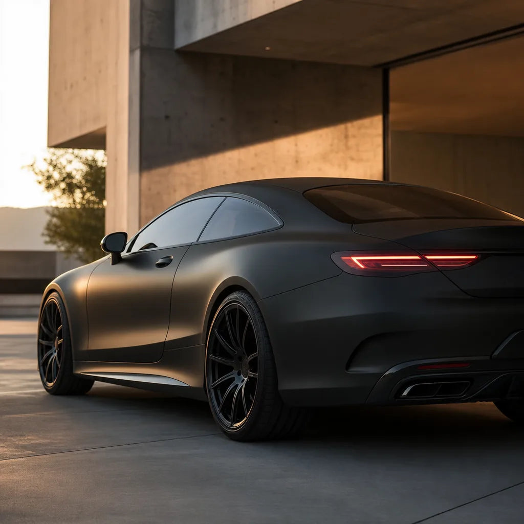 Luxury car wrapped in Metal Ceramic Black matte colored PPF at golden hour | Veloro