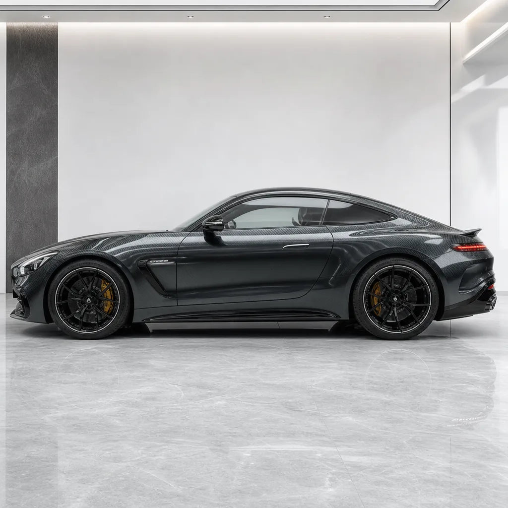 Matt Carbon Fiber gloss colored PPF wrapped on a Mercedes-AMG GT side profile | Veloro
