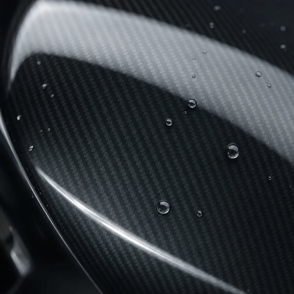 Close-up of Matt Carbon Fiber gloss colored PPF surface texture | Veloro