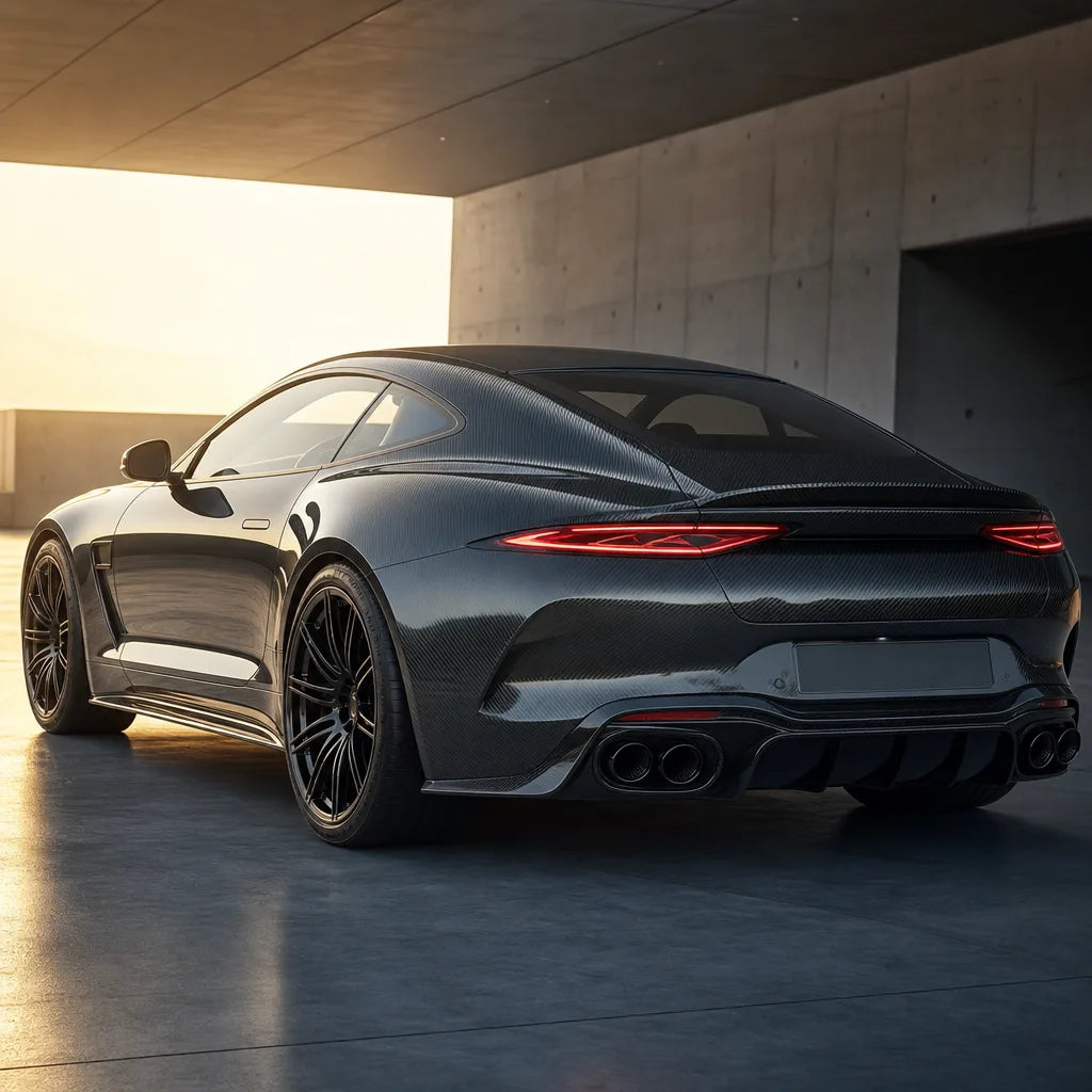 Luxury car wrapped in Matt Carbon Fiber gloss colored PPF at golden hour | Veloro