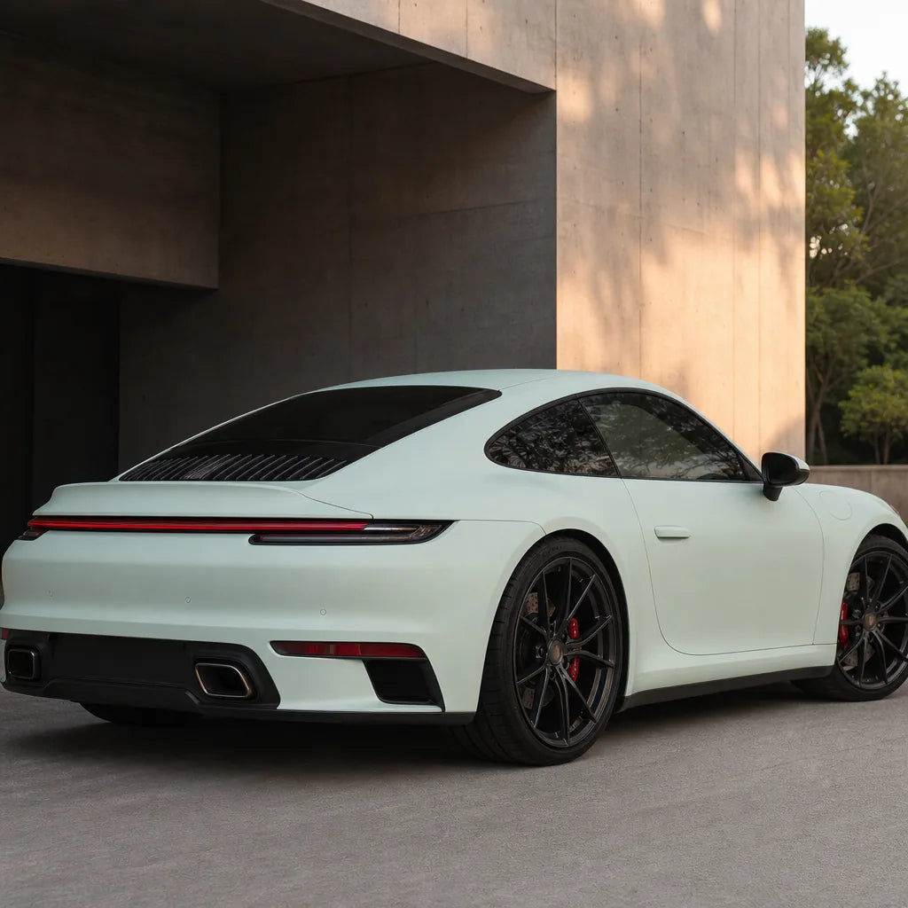 Luxury car wrapped in Transparent Carbon Fiber PPF matte colored PPF at golden hour | Veloro