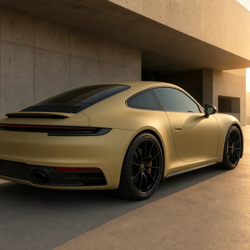 Luxury car wrapped in AMG Desert Yellow matte colored PPF at golden hour | Veloro