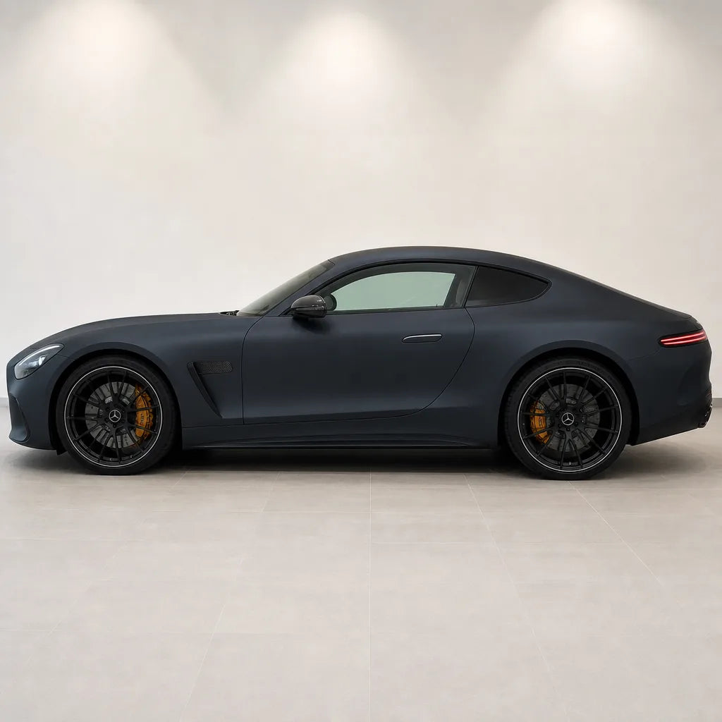 Black Phantom Blue matte colored PPF wrapped on a Mercedes-AMG GT side profile | Veloro