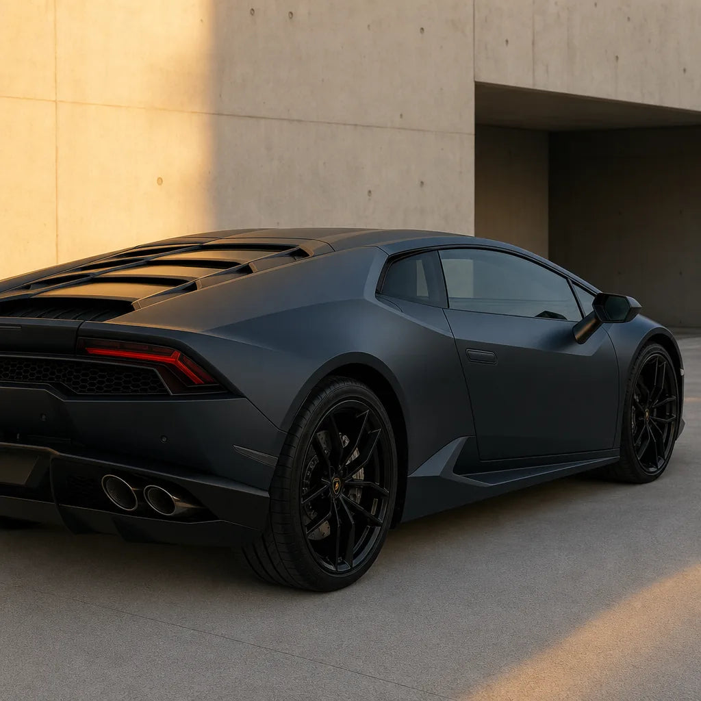 Luxury car wrapped in Black Phantom Blue matte colored PPF at golden hour | Veloro