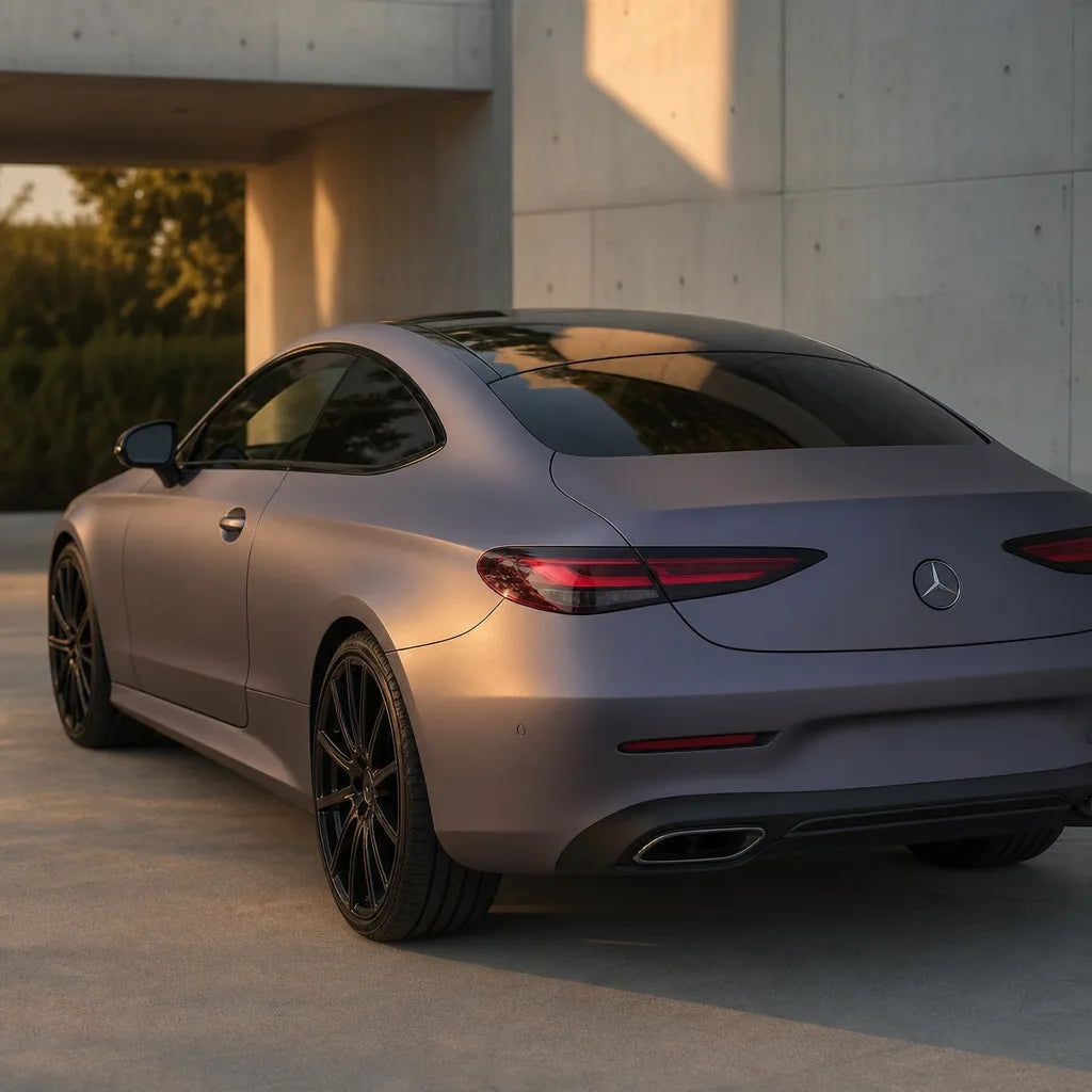 Luxury car wrapped in Capri Gray Purple matte colored PPF at golden hour | Veloro