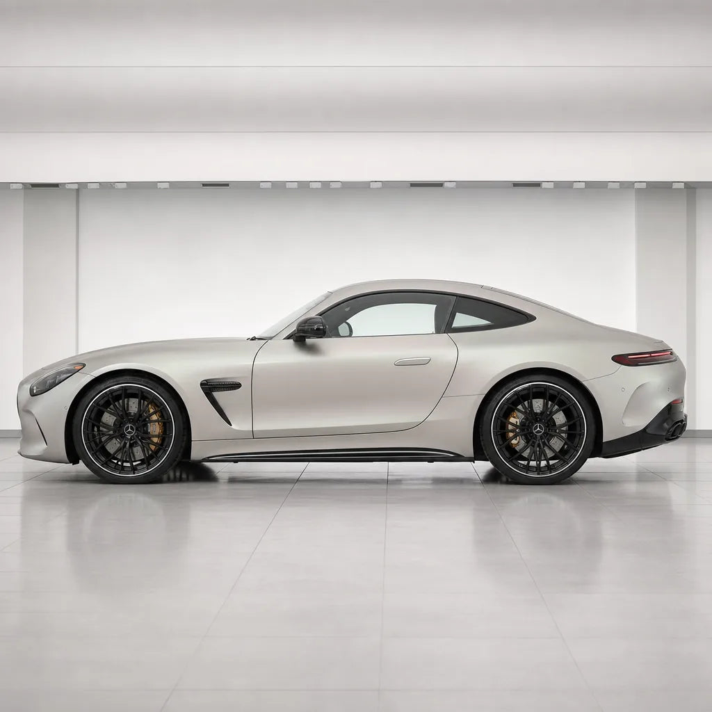 Chameleon Aurora White matte colored PPF wrapped on a Mercedes-AMG GT side profile | Veloro