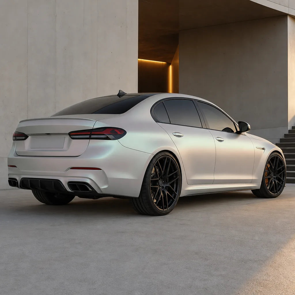 Luxury car wrapped in Chameleon Aurora White matte colored PPF at golden hour | Veloro