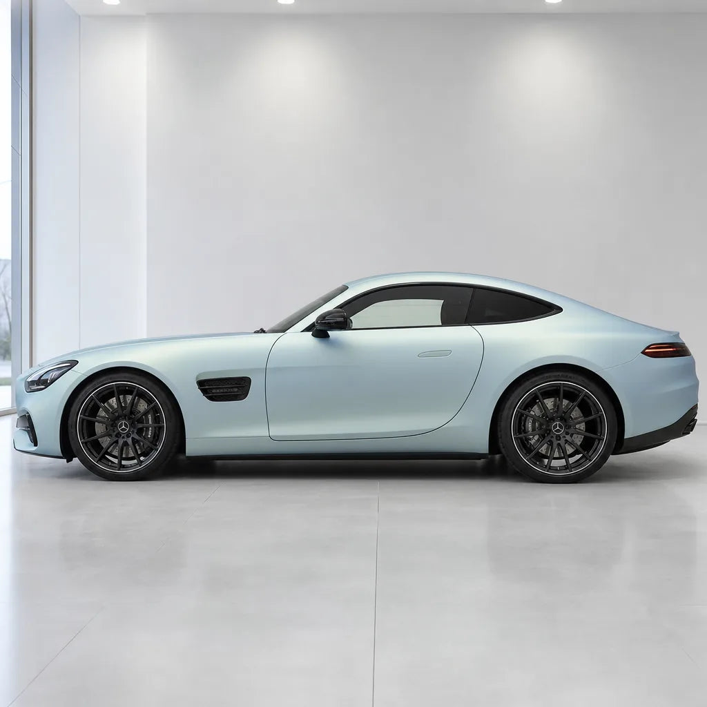 Chameleon Gold Blue matte colored PPF wrapped on a Mercedes-AMG GT side profile | Veloro