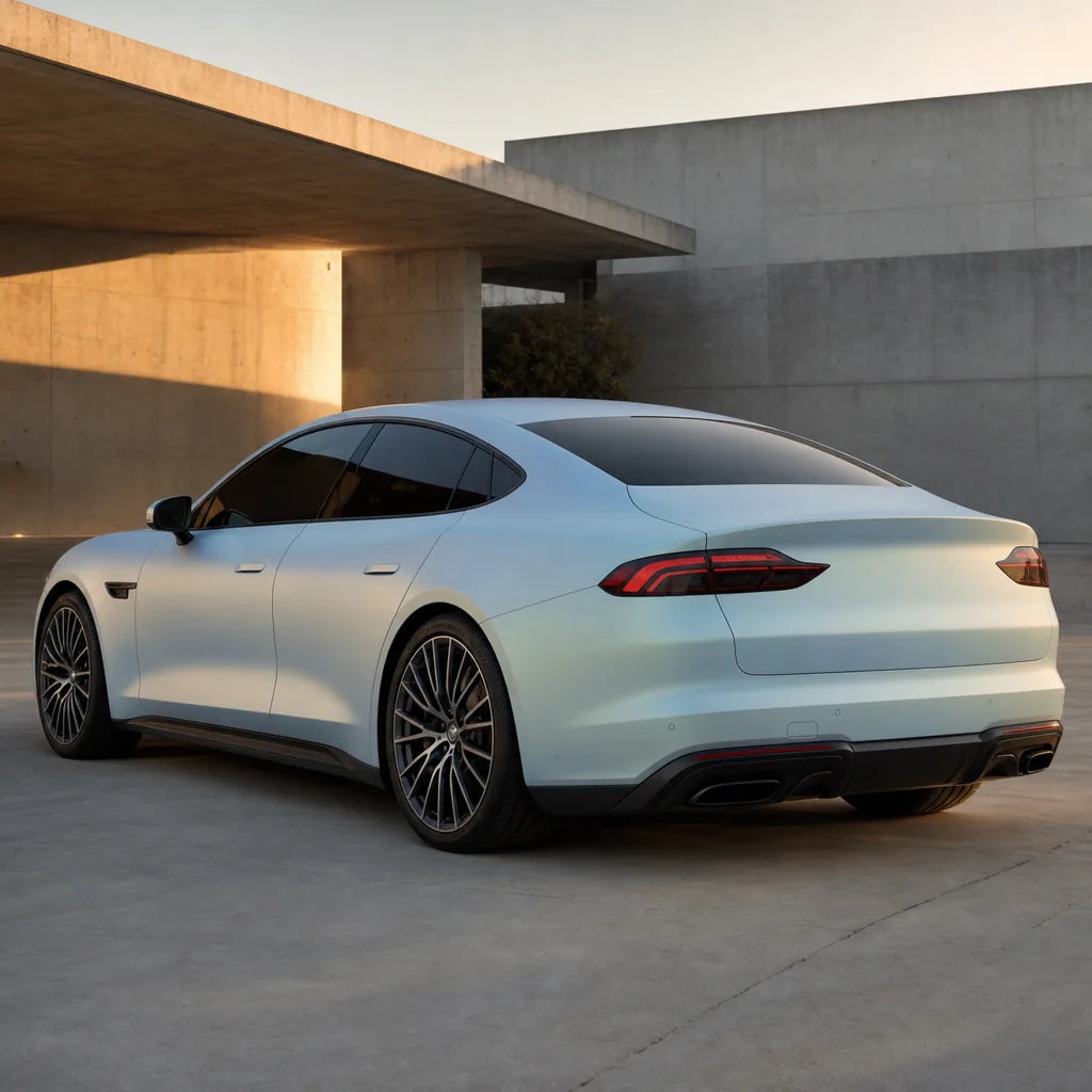Luxury car wrapped in Chameleon Gold Blue matte colored PPF at golden hour | Veloro