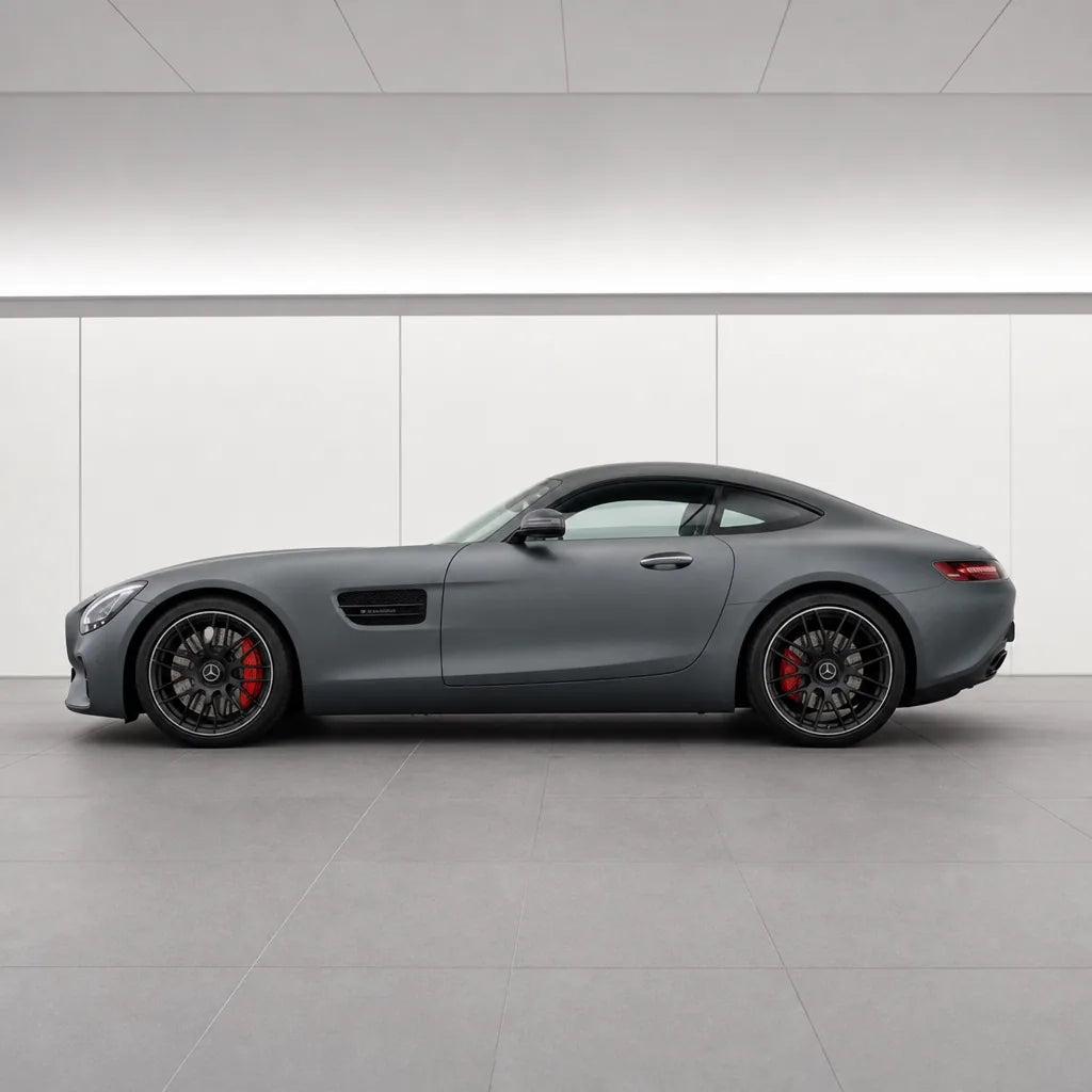 Dark Grey matte colored PPF wrapped on a Mercedes-AMG GT side profile | Veloro