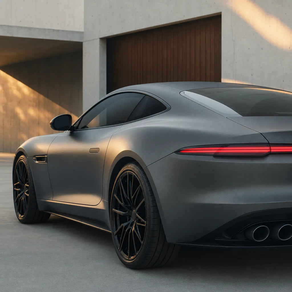 Luxury car wrapped in Dark Grey matte colored PPF at golden hour | Veloro
