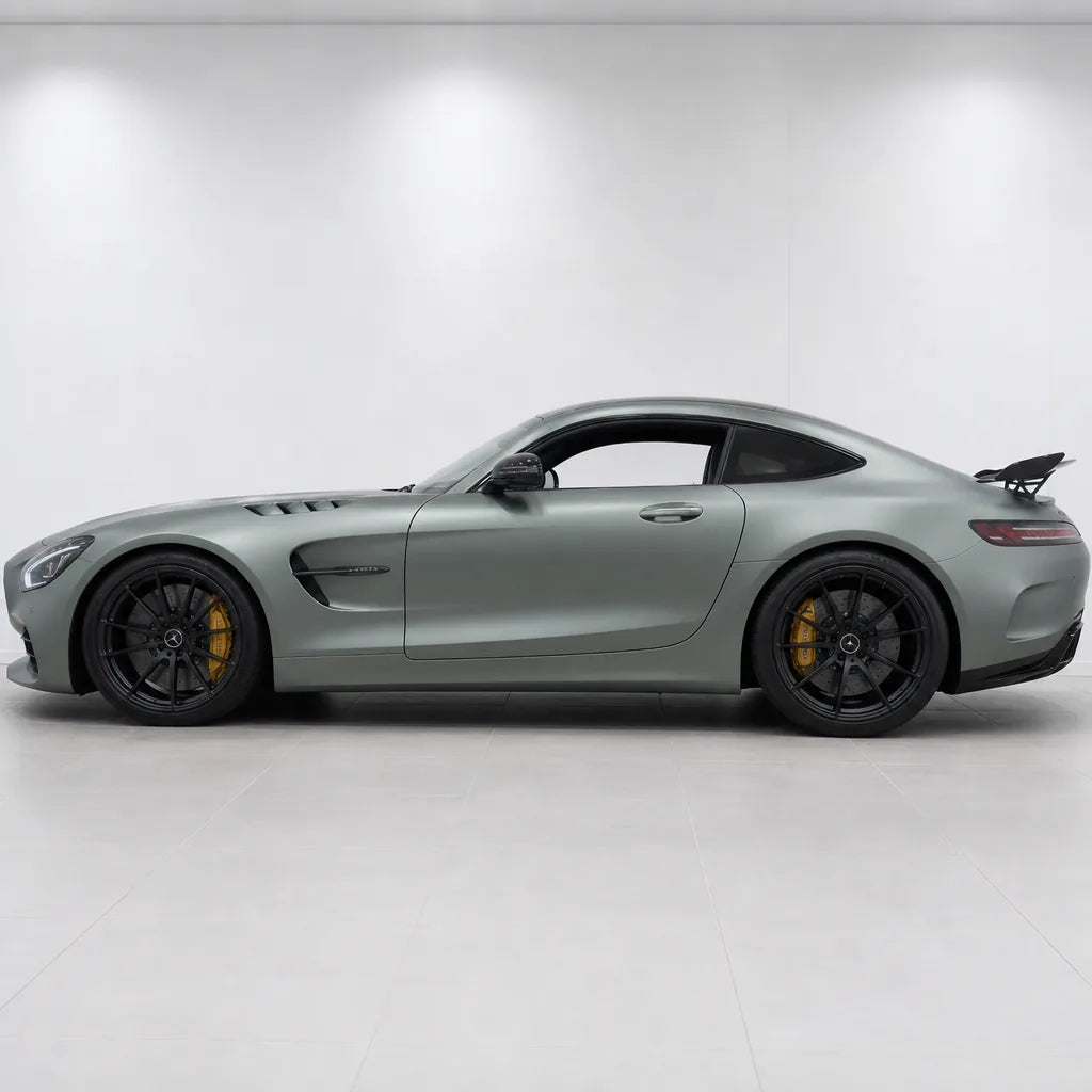Dark Silver matte colored PPF wrapped on a Mercedes-AMG GT side profile | Veloro