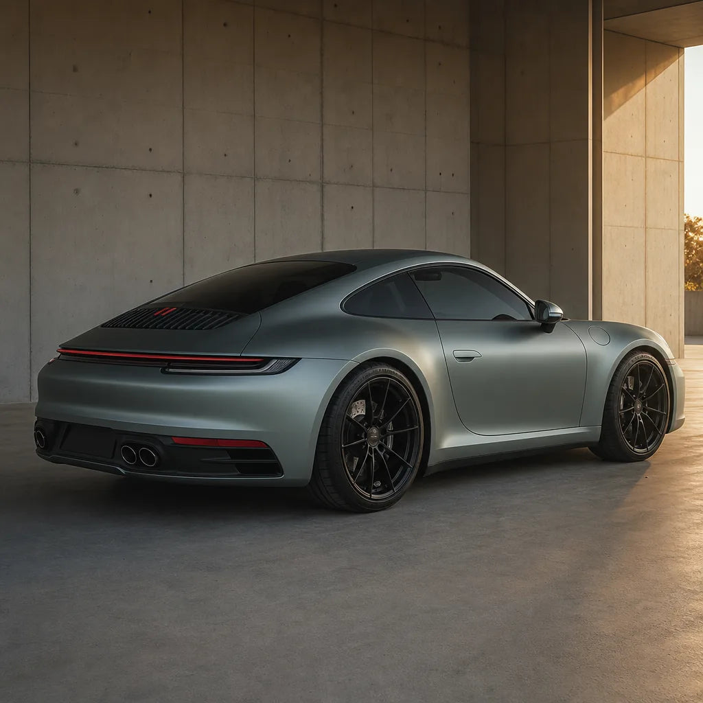 Luxury car wrapped in Dark Silver matte colored PPF at golden hour | Veloro