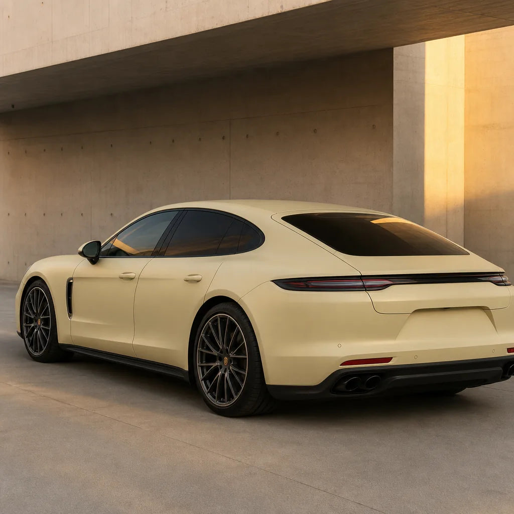 Luxury car wrapped in Desert Yellow matte colored PPF at golden hour | Veloro