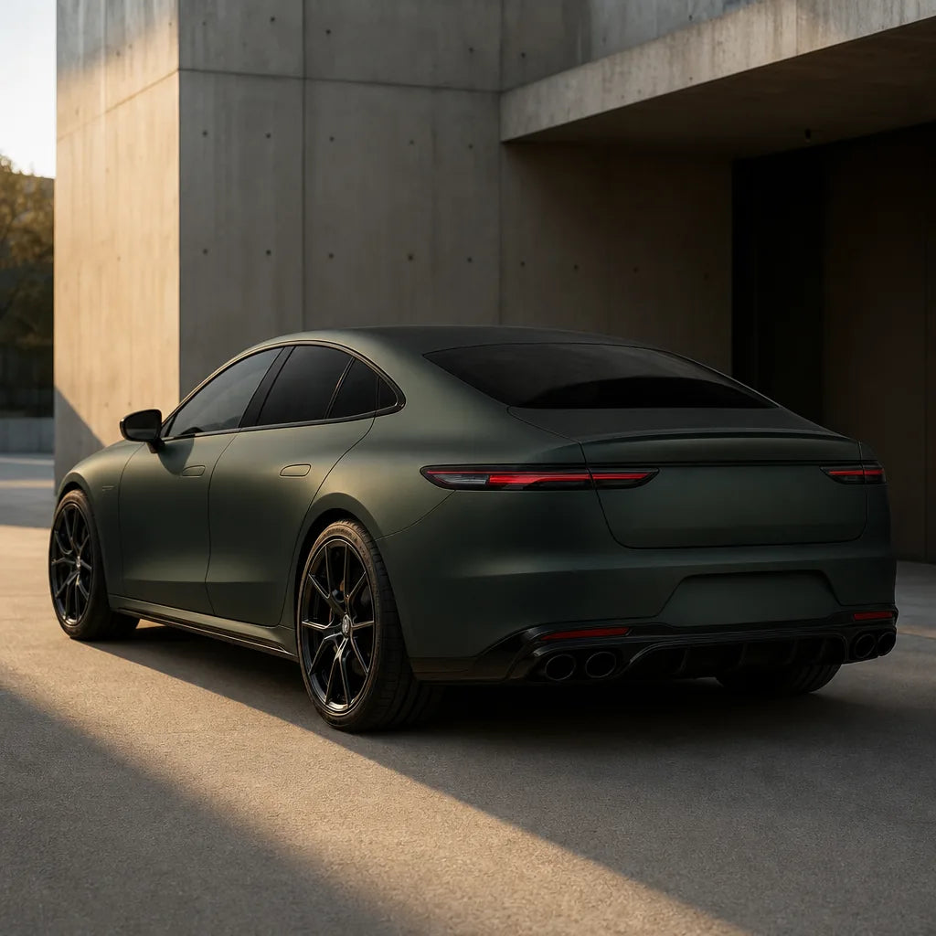 Luxury car wrapped in Ghost Metallic Dark Green matte colored PPF at golden hour | Veloro