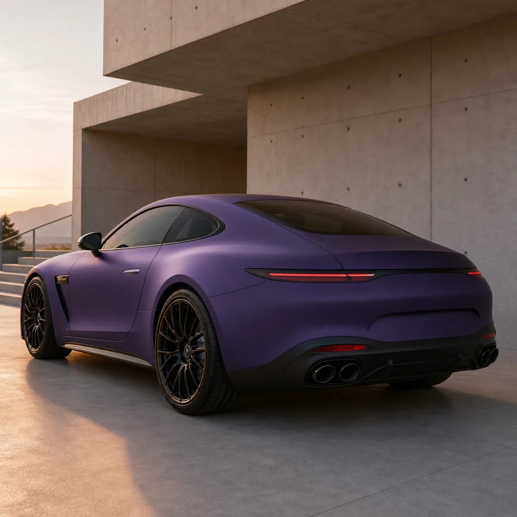 Luxury car wrapped in Ghost Midnight Purple matte colored PPF at golden hour | Veloro