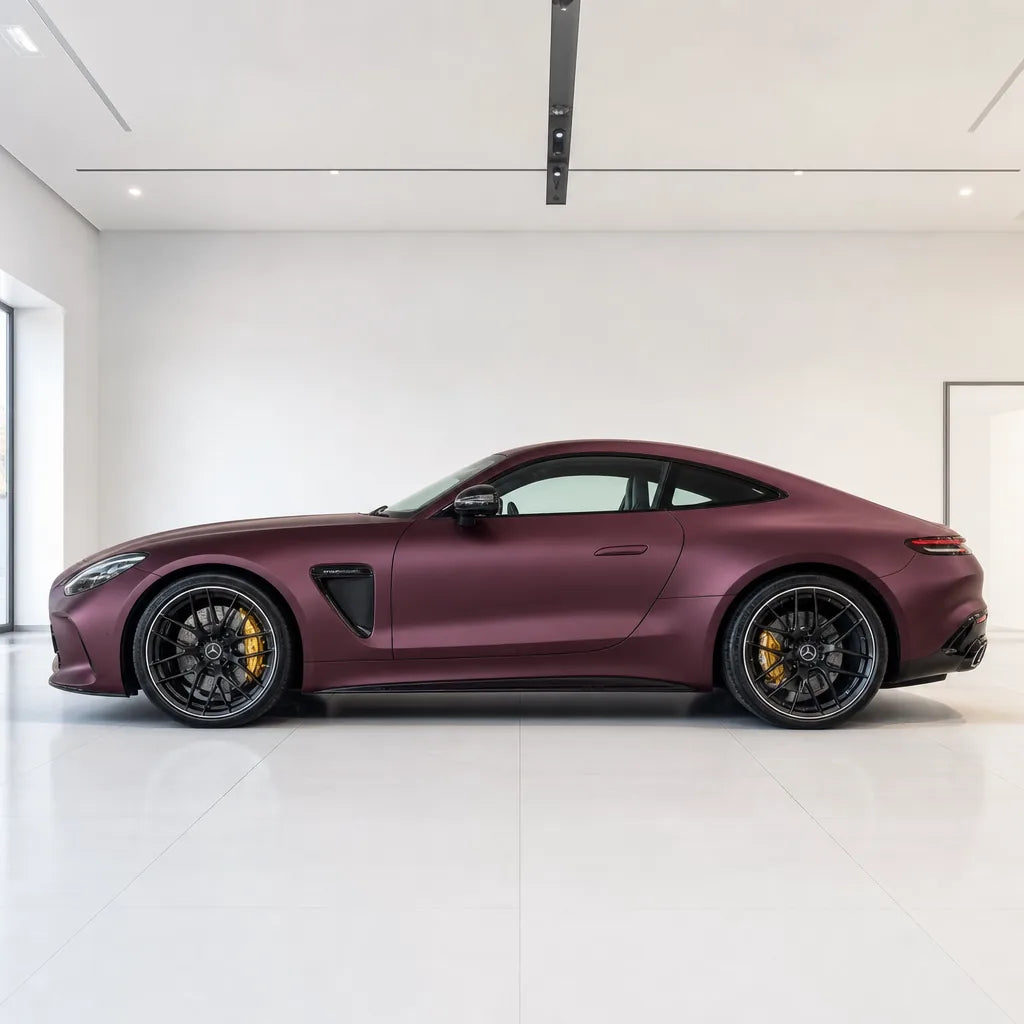 Liquid Metallic Dracaena Red matte colored PPF wrapped on a Mercedes-AMG GT side profile | Veloro