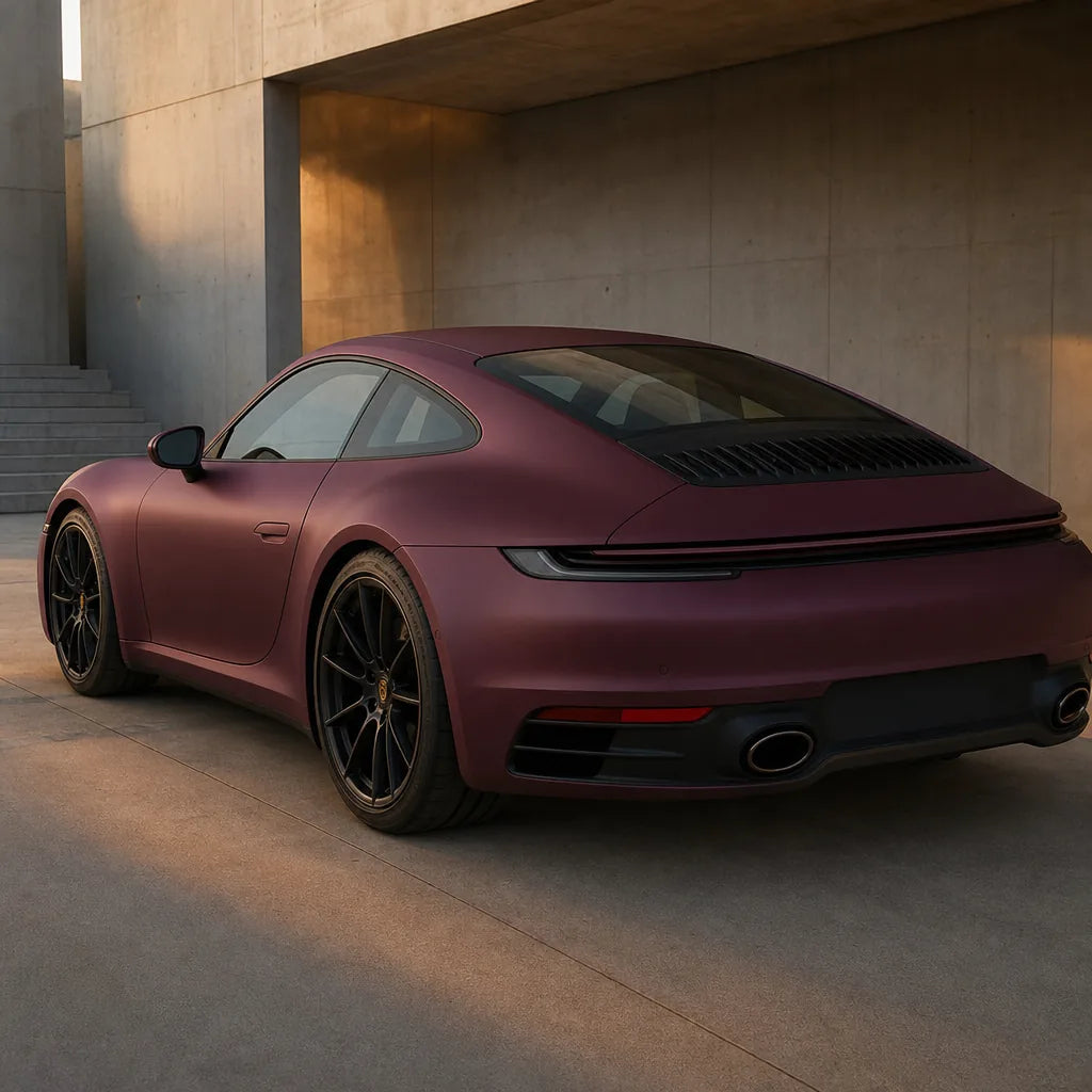 Luxury car wrapped in Liquid Metallic Dracaena Red matte colored PPF at golden hour | Veloro