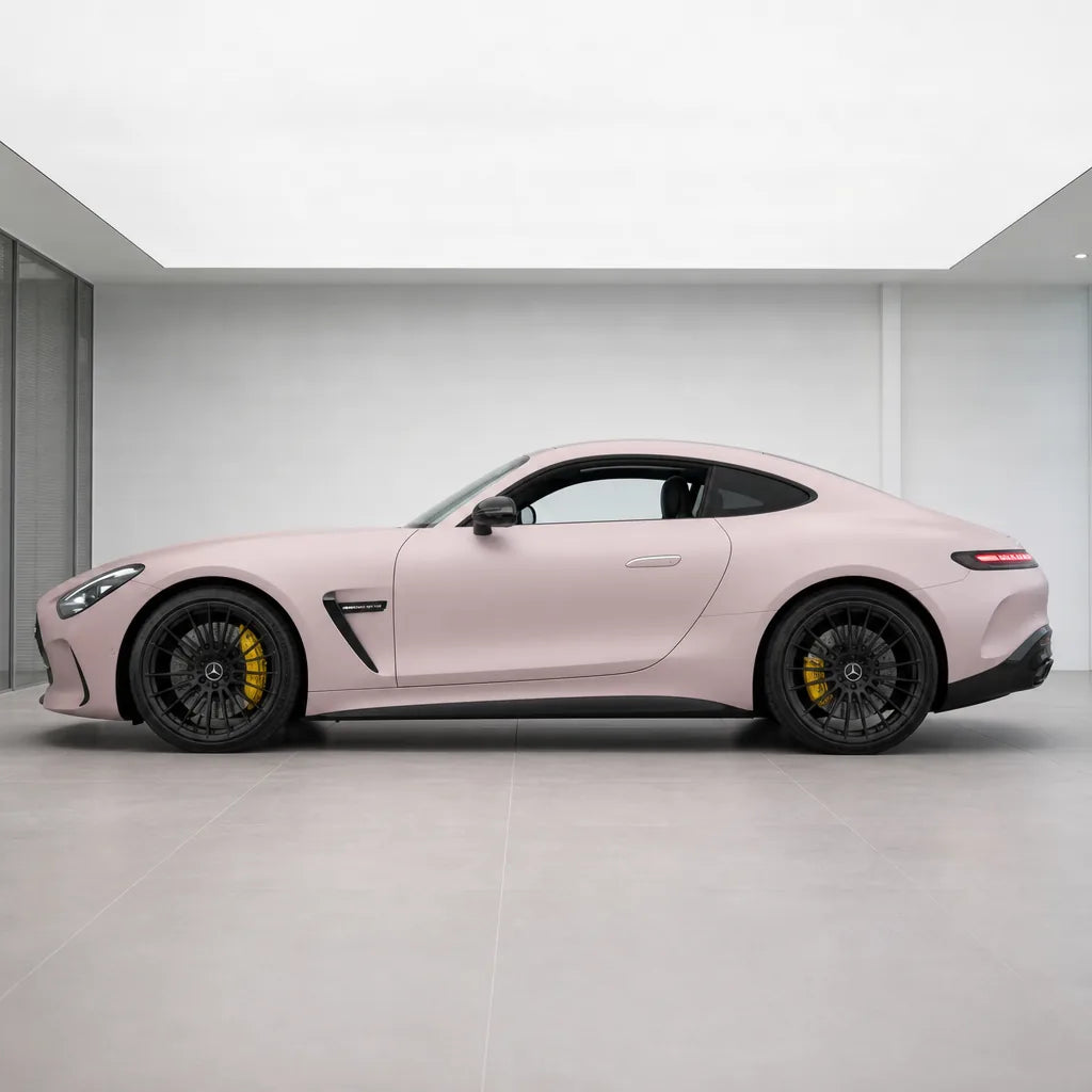 Liquid Metallic Shell Pink matte colored PPF wrapped on a Mercedes-AMG GT side profile | Veloro