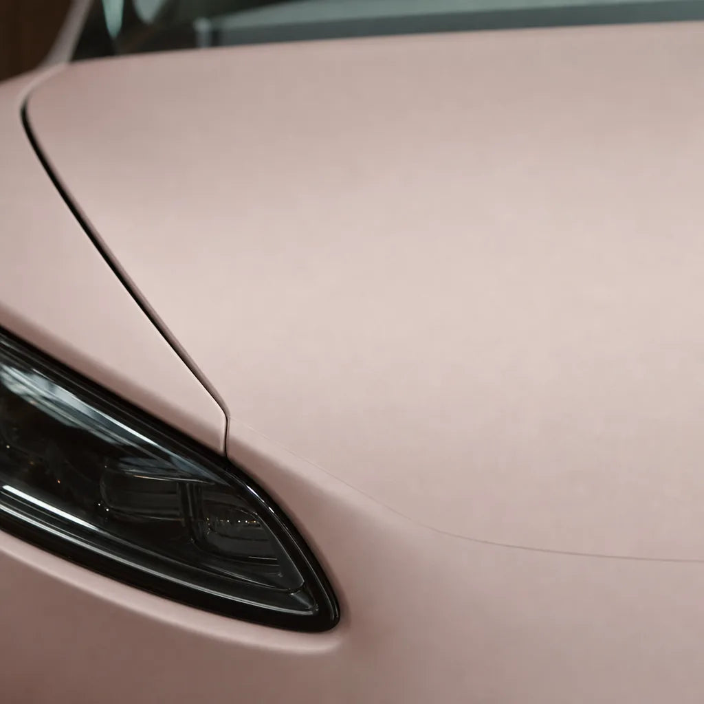 Close-up of Liquid Metallic Shell Pink matte colored PPF surface texture | Veloro