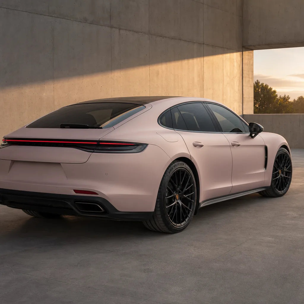 Luxury car wrapped in Liquid Metallic Shell Pink matte colored PPF at golden hour | Veloro