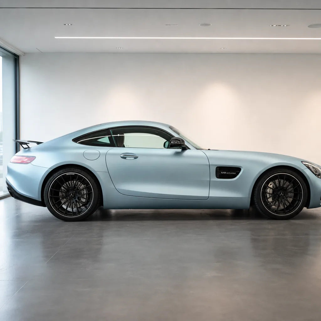 Liquid Metallic Somato Blue matte colored PPF wrapped on a Mercedes-AMG GT side profile | Veloro