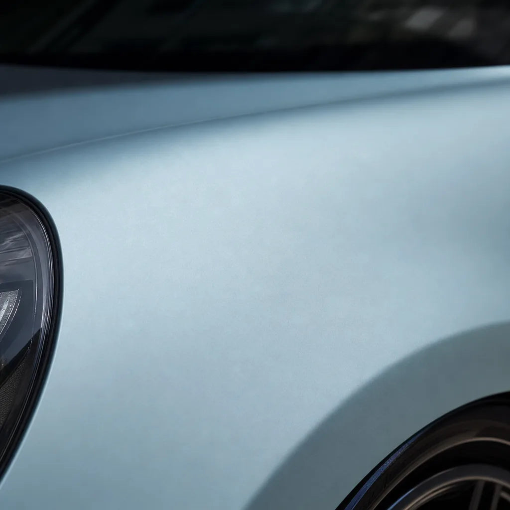 Close-up of Liquid Metallic Somato Blue matte colored PPF surface texture | Veloro