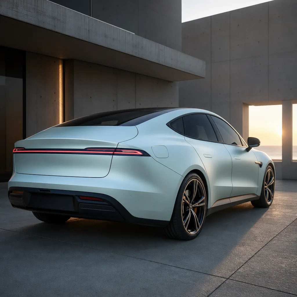 Luxury car wrapped in Liquid Metallic Somato Blue matte colored PPF at golden hour | Veloro