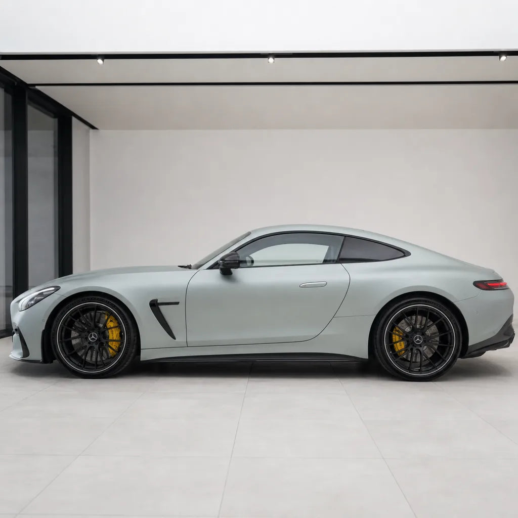 Liquid Metallic Stellar Silver matte colored PPF wrapped on a Mercedes-AMG GT side profile | Veloro