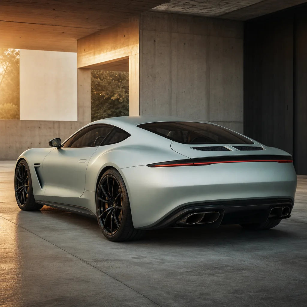 Luxury car wrapped in Liquid Metallic Stellar Silver matte colored PPF at golden hour | Veloro
