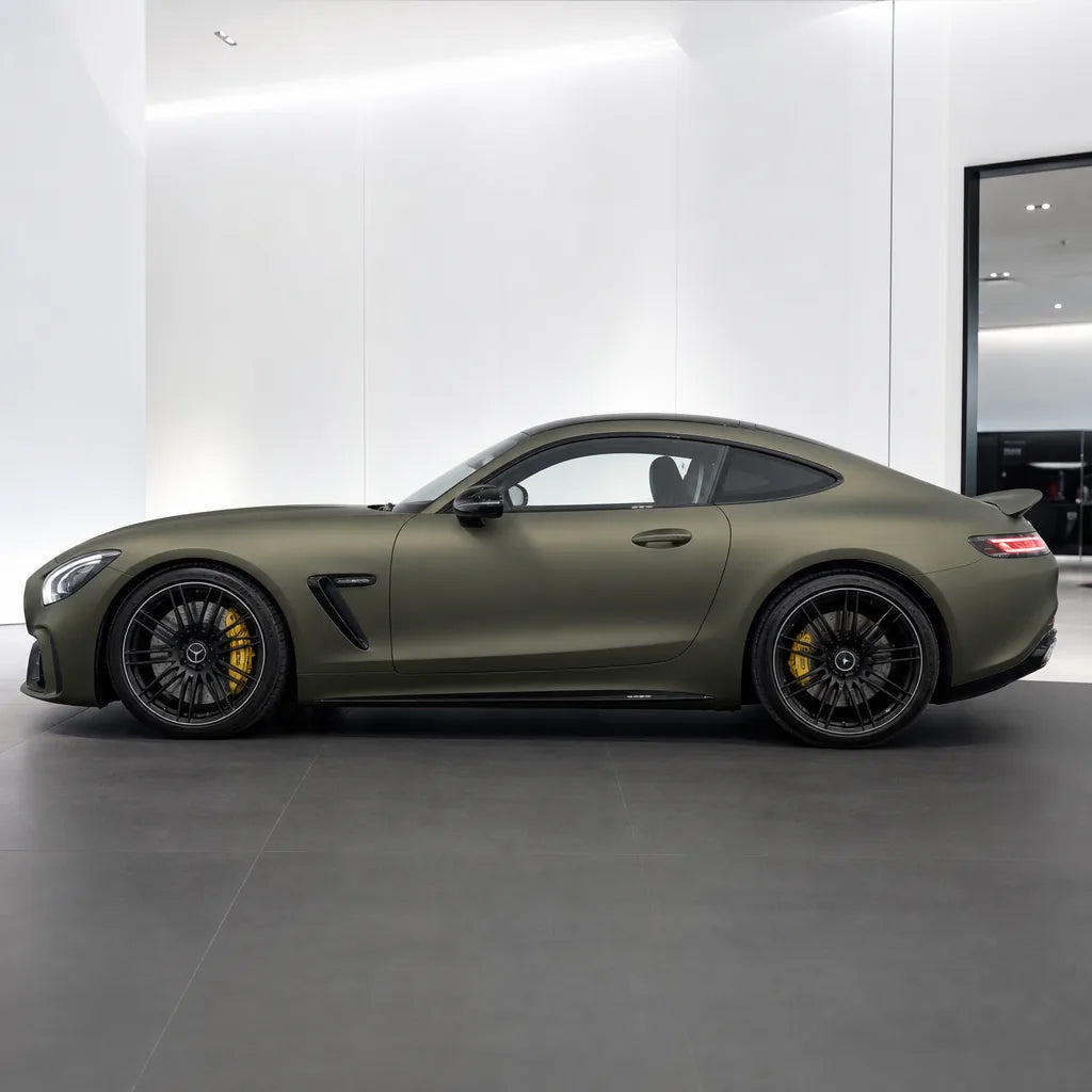 Liquid Shadow Gold matte colored PPF wrapped on a Mercedes-AMG GT side profile | Veloro