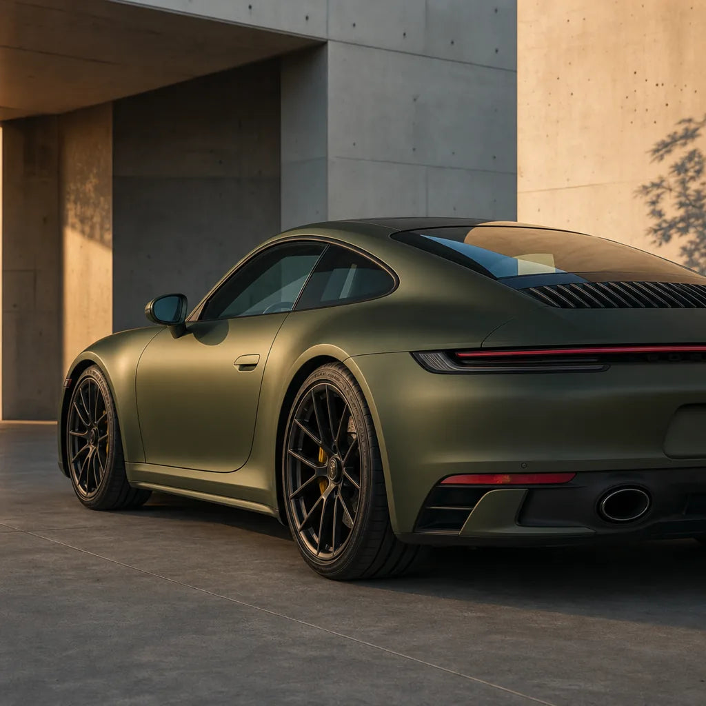 Luxury car wrapped in Liquid Shadow Gold matte colored PPF at golden hour | Veloro