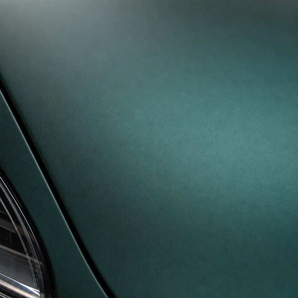 Close-up of Magic Flame Brazilian Green matte colored PPF surface texture | Veloro