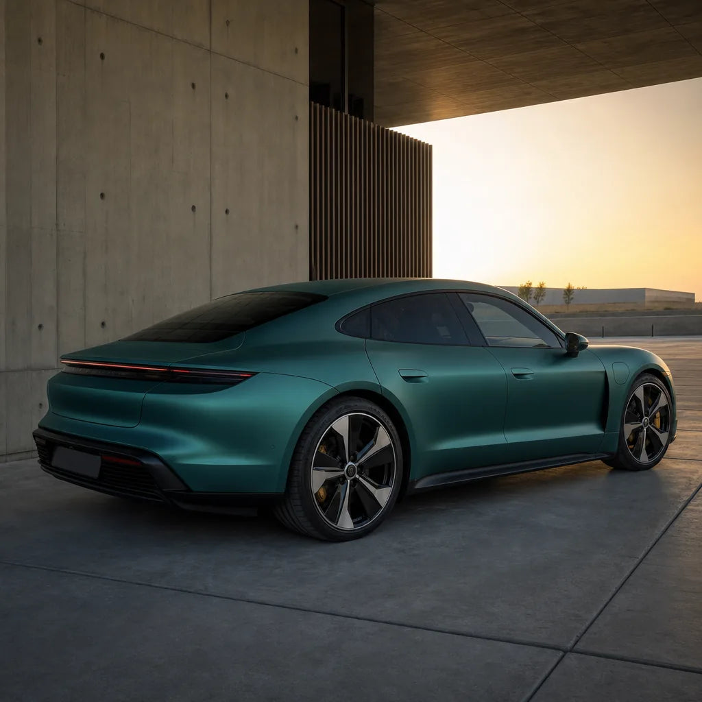 Luxury car wrapped in Magic Flame Brazilian Green matte colored PPF at golden hour | Veloro