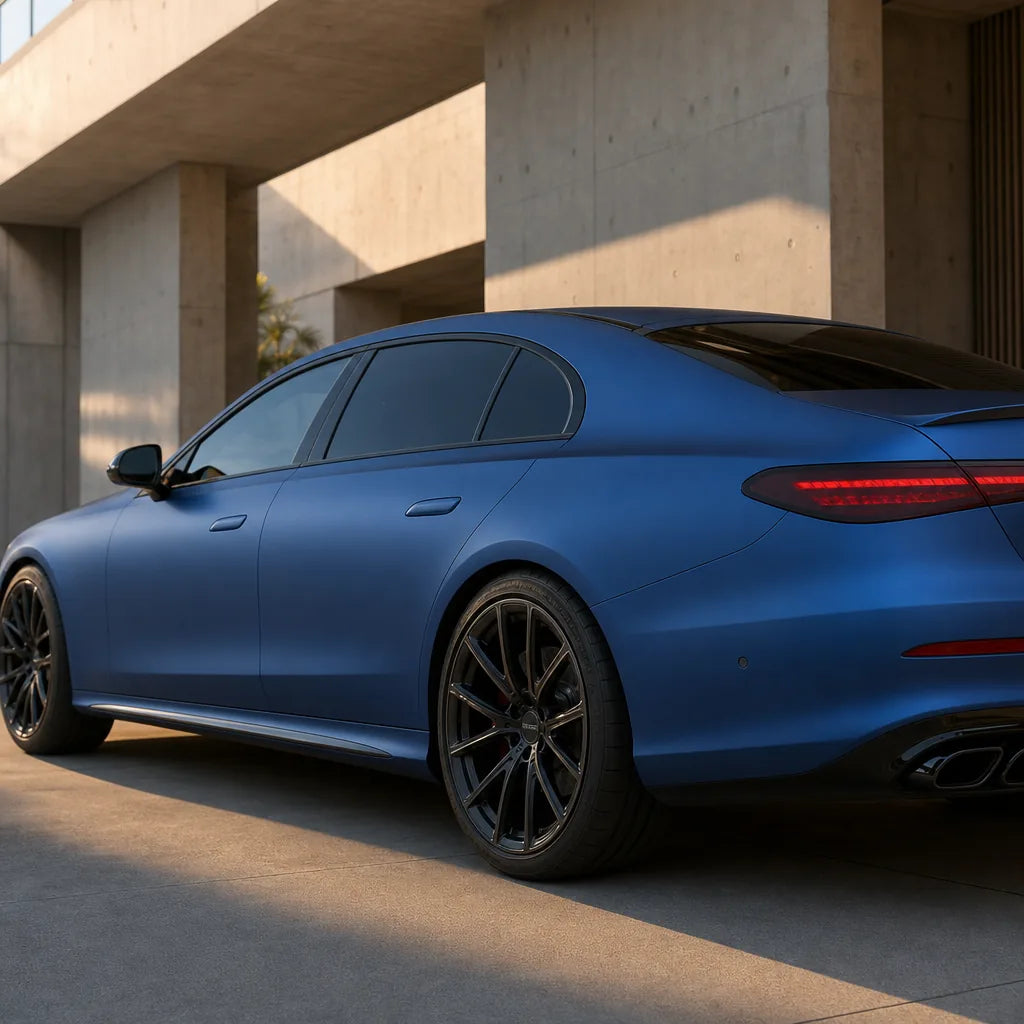 Luxury car wrapped in Magic Flame Dark Blue matte colored PPF at golden hour | Veloro