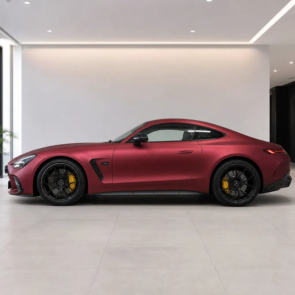 Magic Flame Ruby Red matte colored PPF wrapped on a Mercedes-AMG GT side profile | Veloro