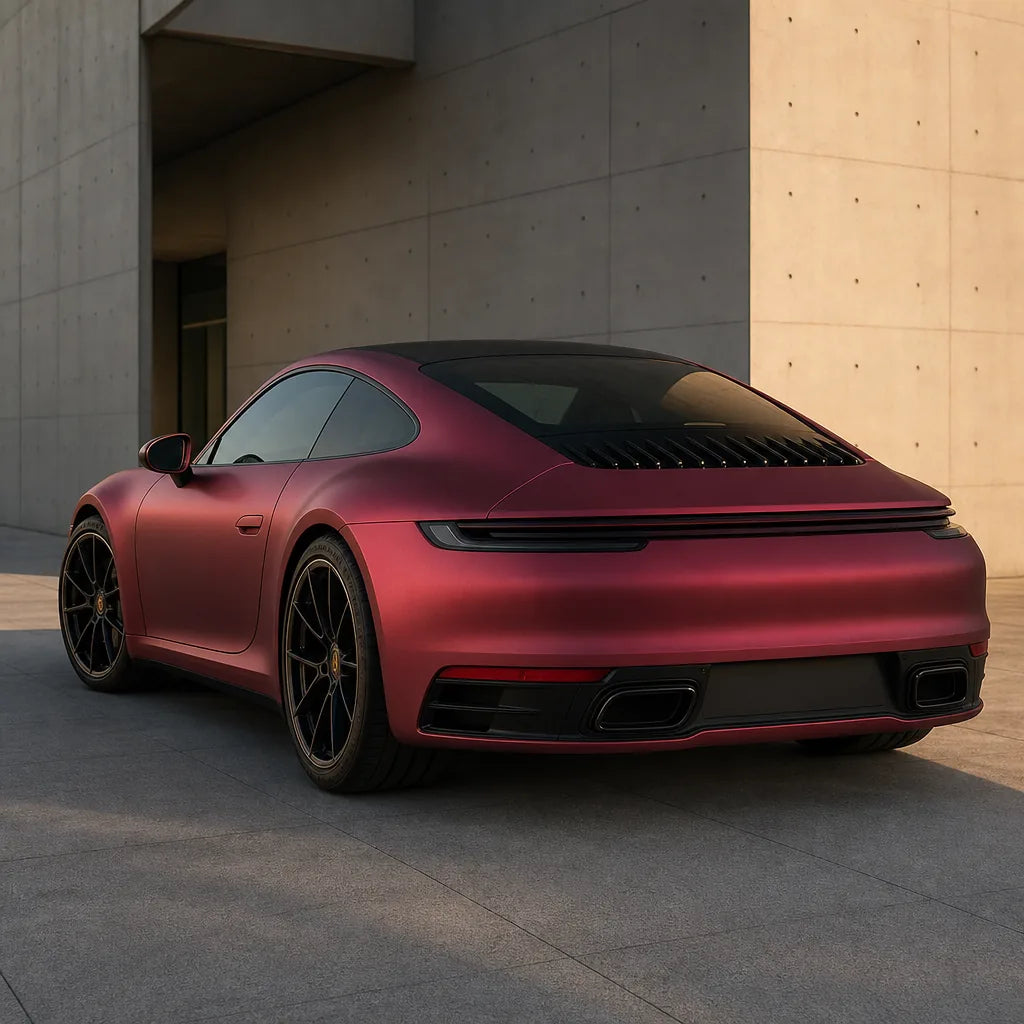 Luxury car wrapped in Magic Flame Ruby Red matte colored PPF at golden hour | Veloro