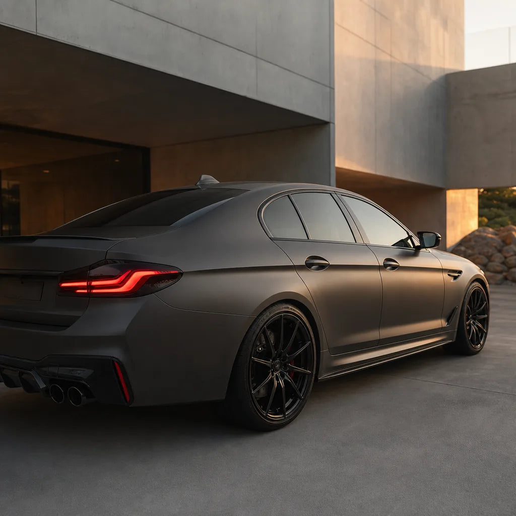 Luxury car wrapped in Magic Flame Shadow Brown matte colored PPF at golden hour | Veloro