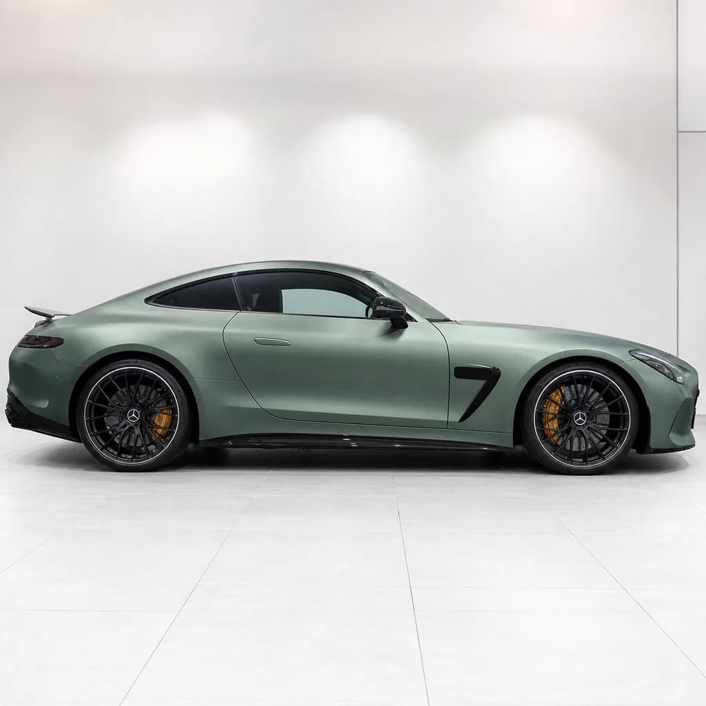 Magic Grey Green matte colored PPF wrapped on a Mercedes-AMG GT side profile | Veloro