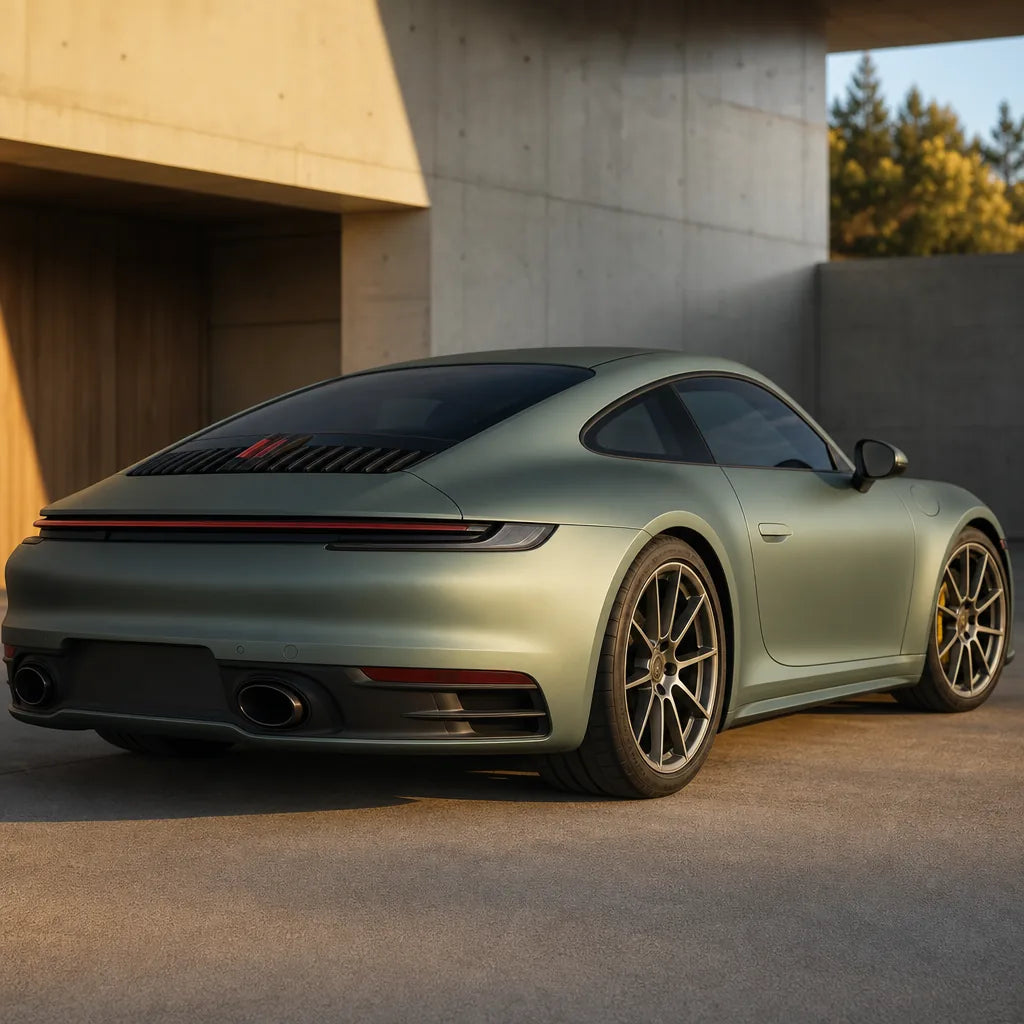 Luxury car wrapped in Magic Grey Green matte colored PPF at golden hour | Veloro