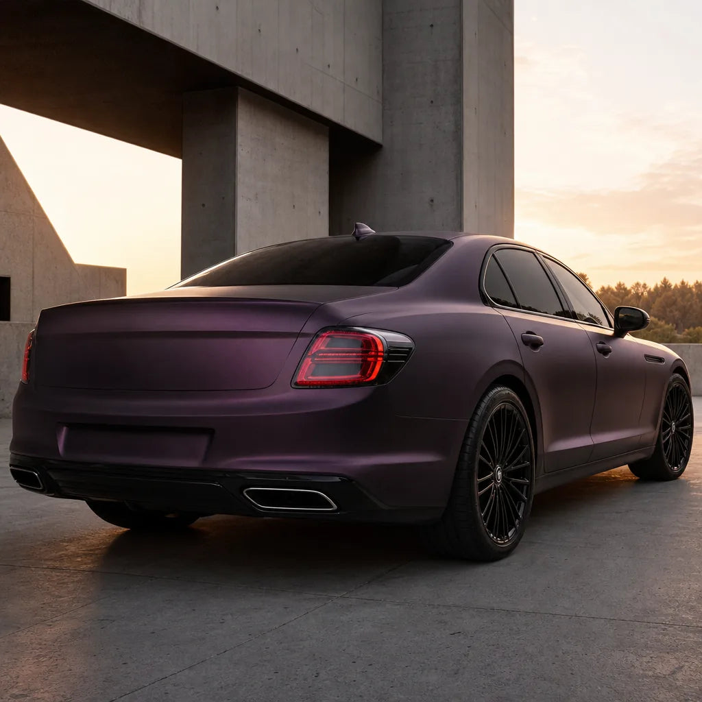 Luxury car wrapped in Metallic Black Purple matte colored PPF at golden hour | Veloro