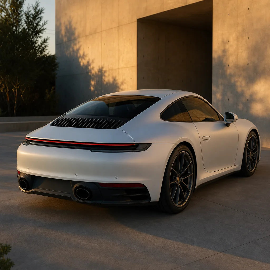 Luxury car wrapped in Metallic Chameleon Diamond Gold White Color PPF matte colored PPF at golden hour | Veloro