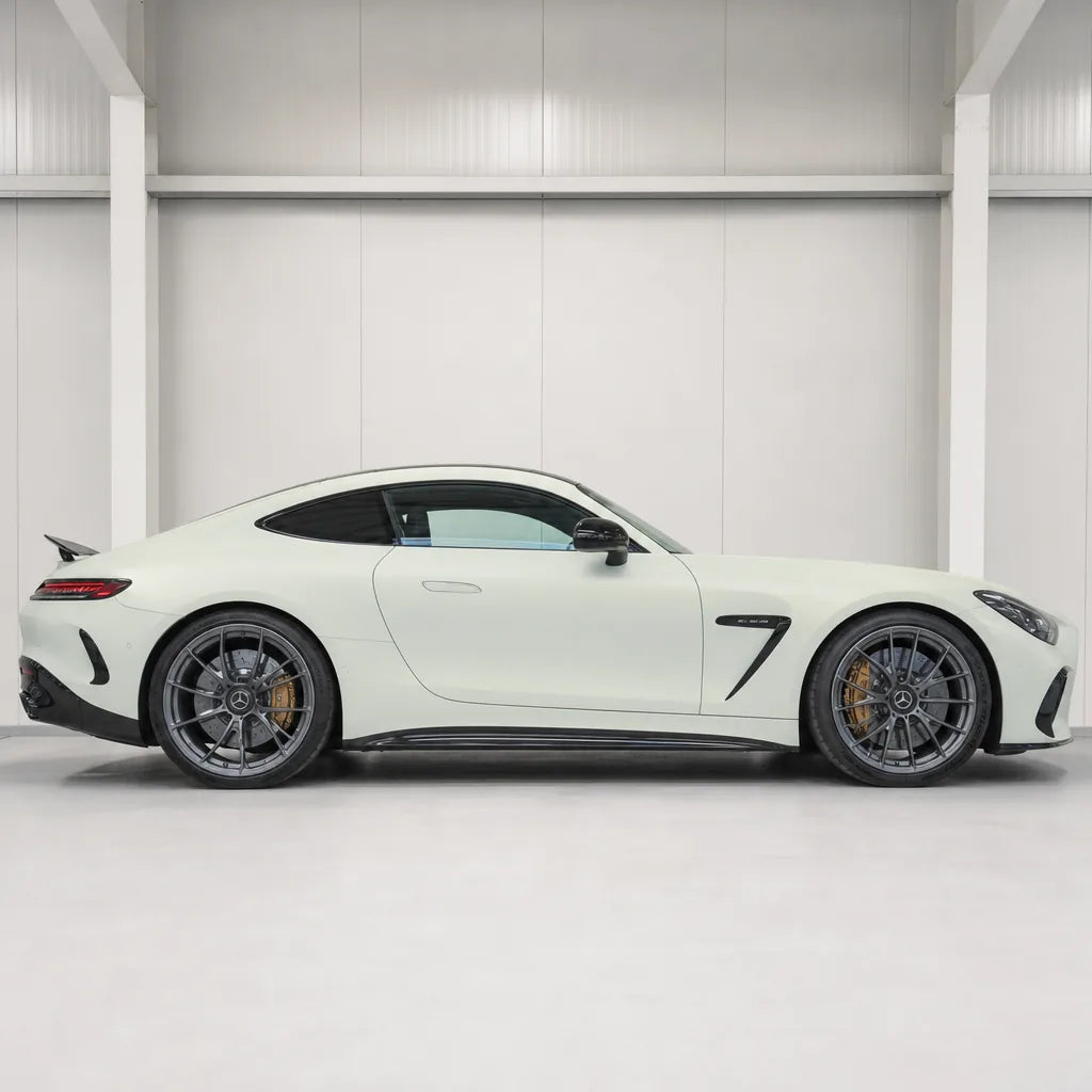 Metallic Chameleon Gold White matte colored PPF wrapped on a Mercedes-AMG GT side profile | Veloro