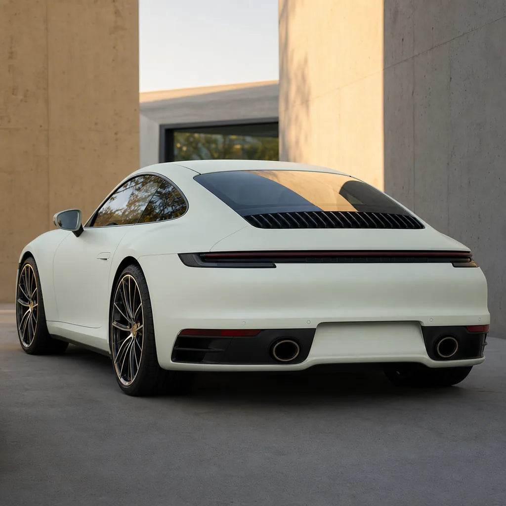 Luxury car wrapped in Metallic Chameleon Gold White matte colored PPF at golden hour | Veloro