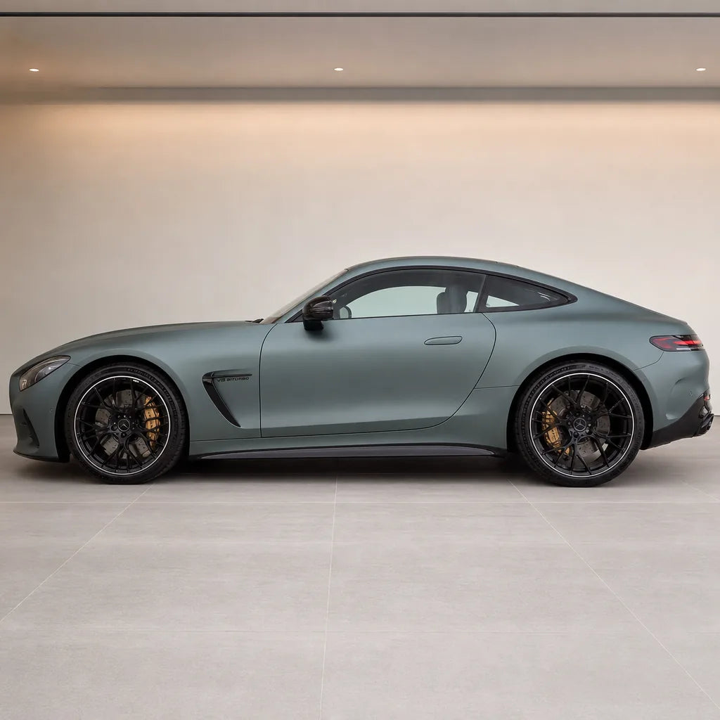 Dark AMG Gray matte colored PPF wrapped on a Mercedes-AMG GT side profile | Veloro