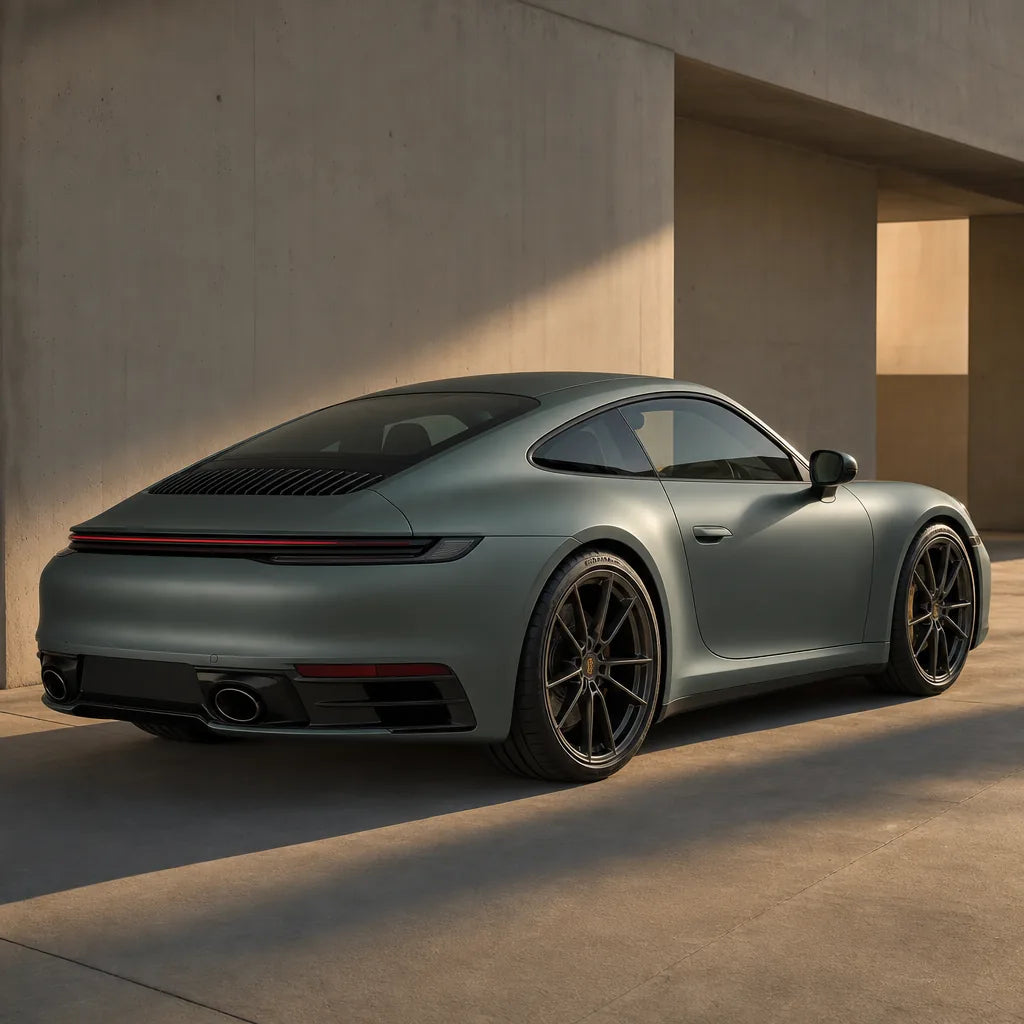 Luxury car wrapped in Dark AMG Gray matte colored PPF at golden hour | Veloro