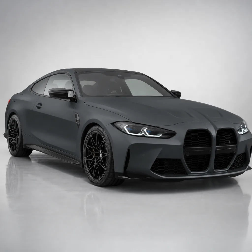 Metallic Destroyer Grey matte colored PPF wrapped on a BMW M4 | Veloro