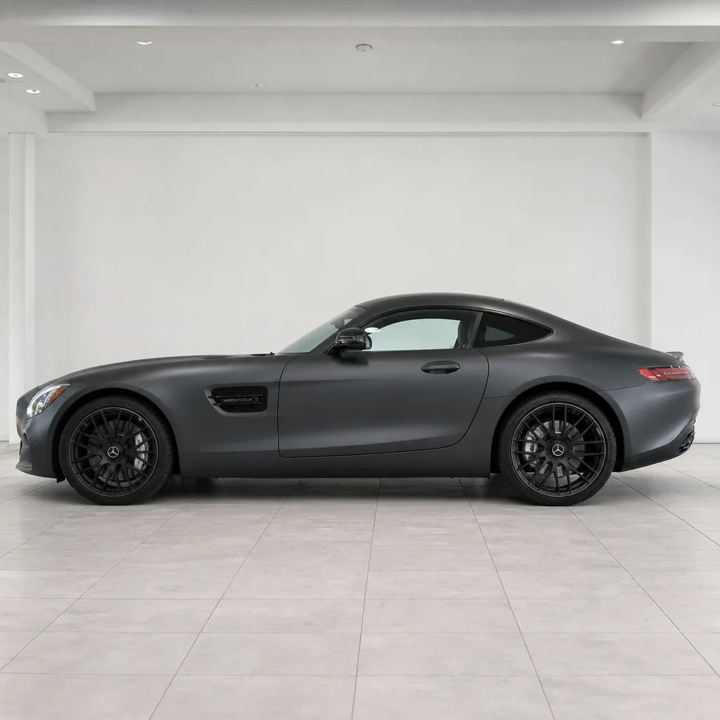 Metallic Destroyer Grey matte colored PPF wrapped on a Mercedes-AMG GT side profile | Veloro